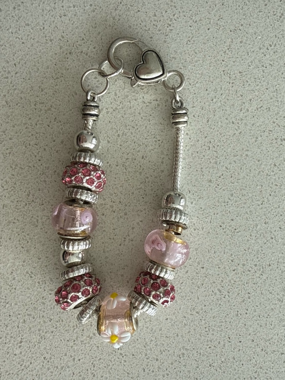 Pandora Style Charm Bracelet Pink Murano Glass Crystal Heart Bracelet 7.5”